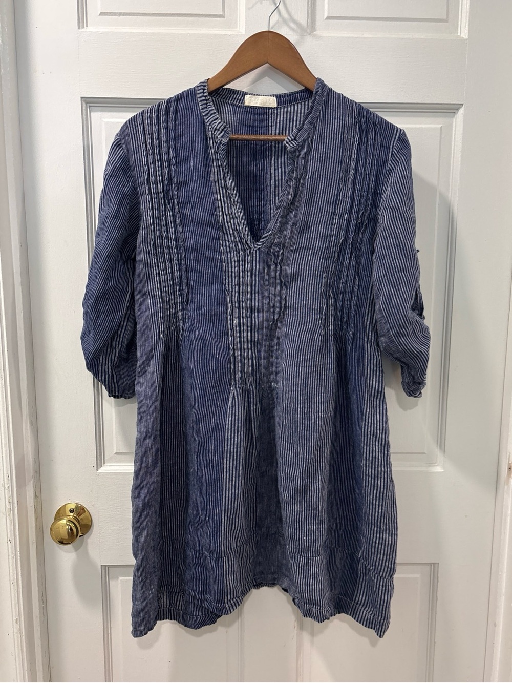 CP Shades Women’s Regina Tunic Dress Size Small 100% Linen Navy Stripe Lagenlook